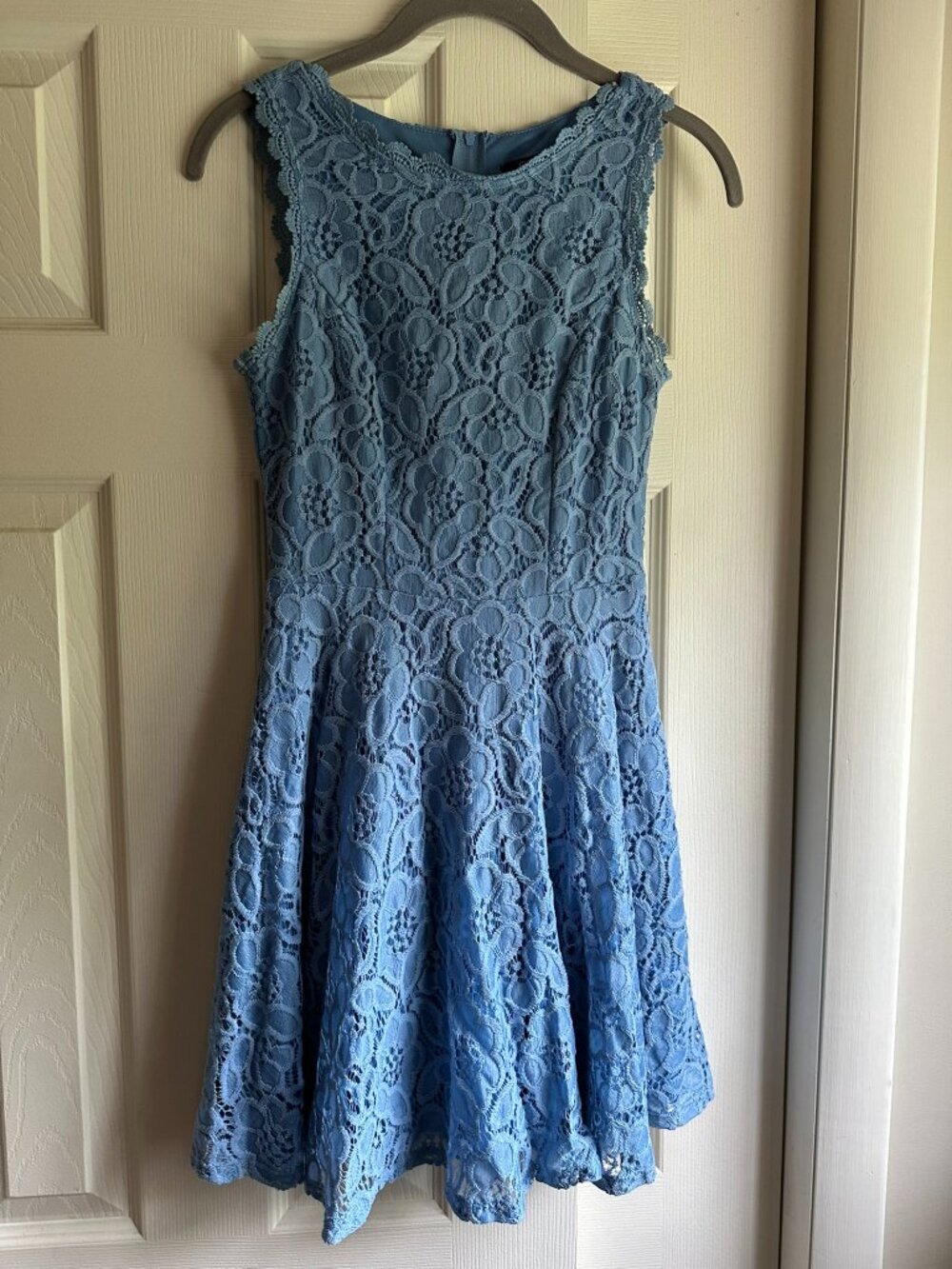 City Studio - Blue Floral Lace Fit-and-Flare Dress, Sleeveless, Size 0